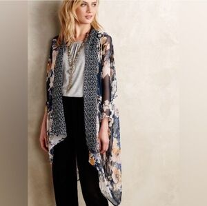 Anthropologie Eloise Silk Blue Floral Kimono